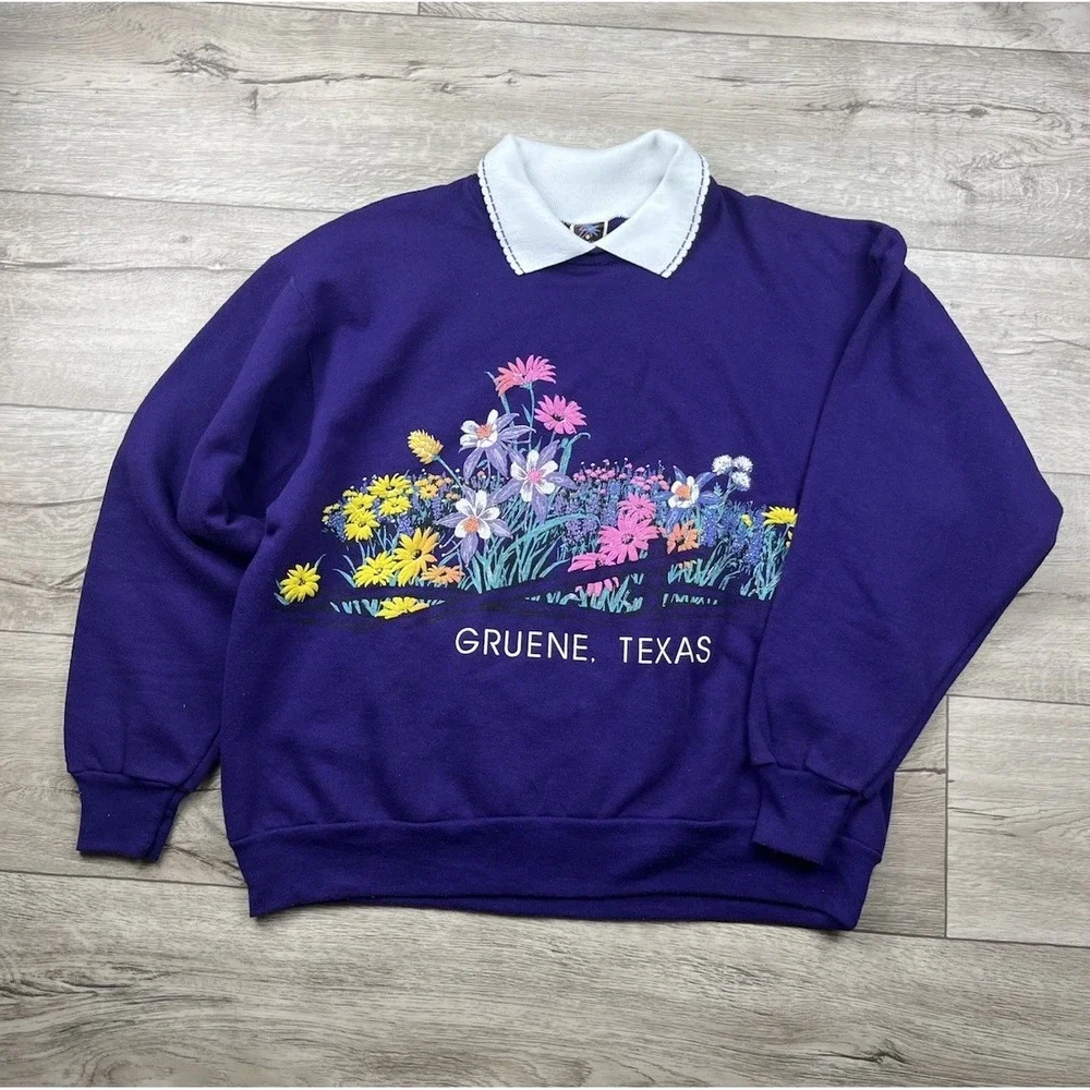 Vintage Gruene Texas Sweatshirt Women's Size Large Floral Double Sided Collared‎